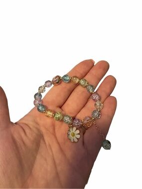 Pastel Multi-Color Beaded Bracelet with Daisy Charm